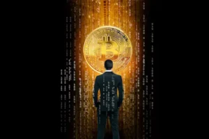 Business Man stand Bitcoin